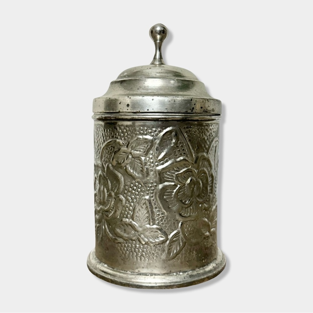 India Silver Floral Embossed Metal Decorative Lidded Canister Container Jar Boho